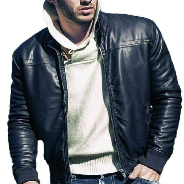 Noora New Men Leather Jacket Slim Fit BLUE Motorcycle Genuine Lambskin Jacket S6 - Noora International