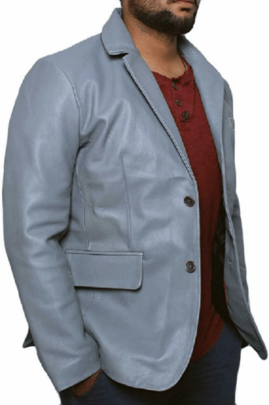 Men's Lambskin Leather Light Blue Formal Blazer With Two Buttons Designer Office Wear Blazer – view 2