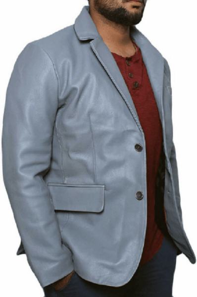 Noora New Men's 100% Lambskin Leather Light Blue Formal Blazer With Two Buttons Designer Office Wear Blazer - Noora International
