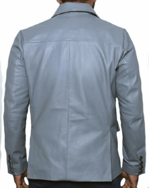 Noora New Men's 100% Lambskin Leather Light Blue Formal Blazer With Two Buttons Designer Office Wear Blazer - Noora International