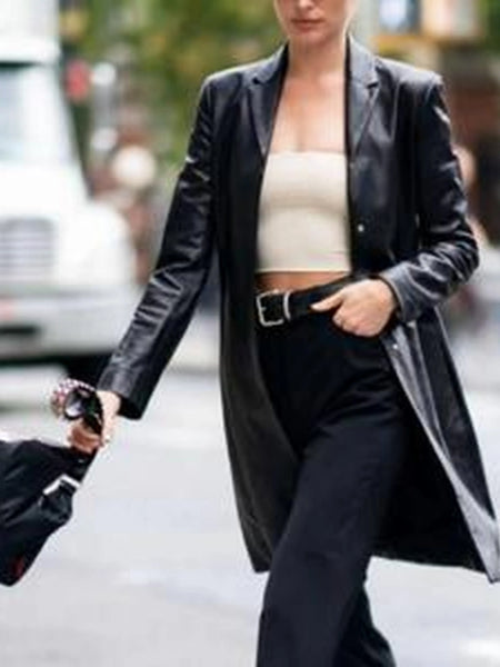 NOORA New Stylish Lambskin Soft Leather Women Black Genuine Leather Trench Coat, Designer Trench coat Custom to order (ALL SIZES) #RS613 — standardized leather jacket hero