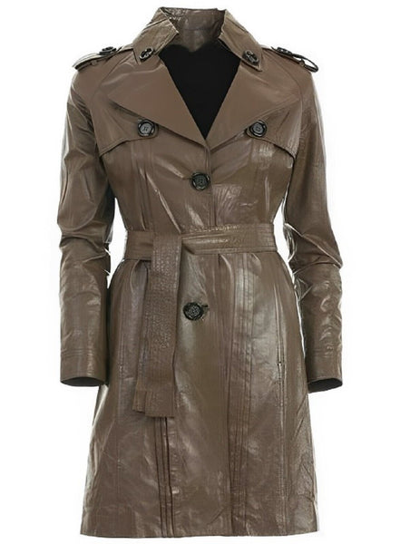 NOORA New Stylish Lambaskin Soft Leather Women Brown Genuine Leather Classic Trench Coat, designer coat, winter coat, long Belted coat-SB419 - Noora International