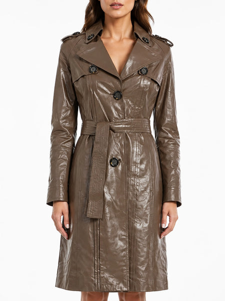 NOORA New Stylish Lambaskin Soft Leather Women Brown Genuine Leather Classic Trench Coat, designer coat, winter coat, long Belted coat-SB419 — standardized leather jacket hero