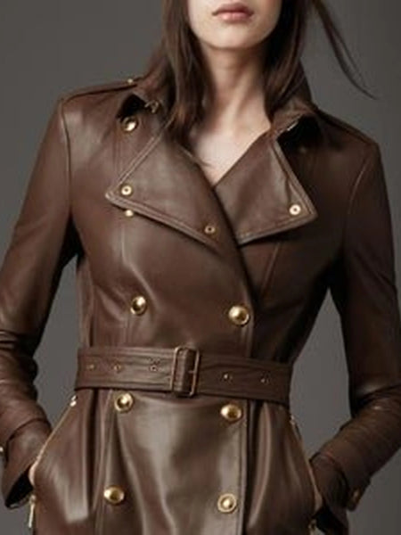 NOORA New Stylish Lambaskin Soft Leather Women Brown Genuine Leather Trench Coat, designer trech coat SJ370 — standardized leather jacket hero