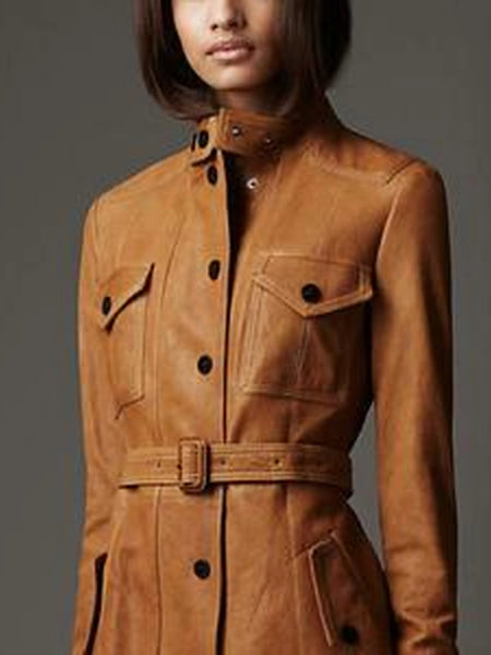 NOORA New Stylish Lambaskin Soft Leather Women Tan Genuine Leather Classic Trench Coat, designer trech coat,winter coat, long coat-BS061 — standardized leather jacket hero