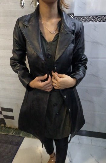 NOORA New Stylish Lambskin Soft Leather Women Black Genuine Leather Trench Coat, Designer Trench coat Custom to order (ALL SIZES) RS613 - Noora International