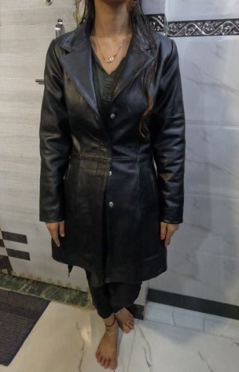 NOORA New Stylish Lambskin Soft Leather Women Black Genuine Leather Trench Coat, Designer Trench coat Custom to order (ALL SIZES) RS613 - Noora International