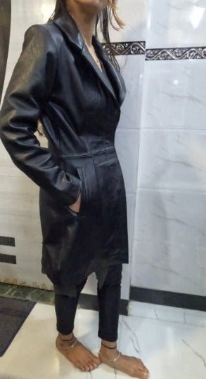 NOORA New Stylish Lambskin Soft Leather Women Black Genuine Leather Trench Coat, Designer Trench coat Custom to order (ALL SIZES) RS613 - Noora International