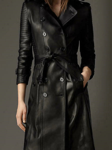 Noora New Stylish Women Black Genuine Lambskin Leather Trench Coat, Designer Party & Club wear Trench coat WA5 — standardized leather jacket hero