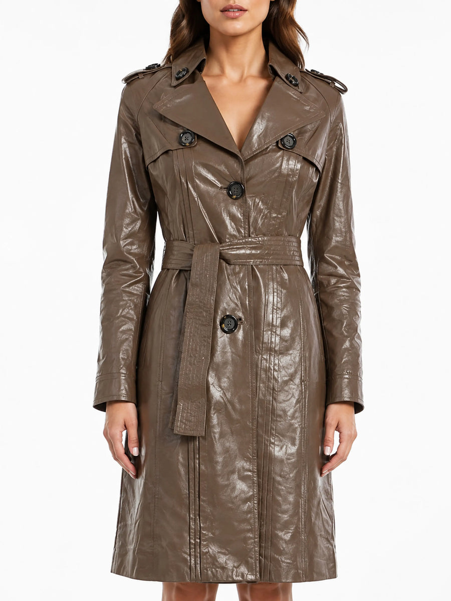 Stylish Lambskin Soft Leather Women Brown Real Leather Classic Trench Coat, designer coat, winter