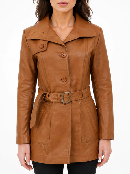 NOORA New Stylish LAMBSKIN Soft Leather Women TAN 100% Genuine Leather Trench Coat, 1960's Designer trech coat , Coller Design Coat #SJ520 — standardized leather jacket hero