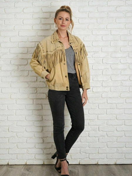 Noora NEW Vintage 90s Suede Leather Fringe Jacket Western STYLE COAT — standardized leather jacket hero