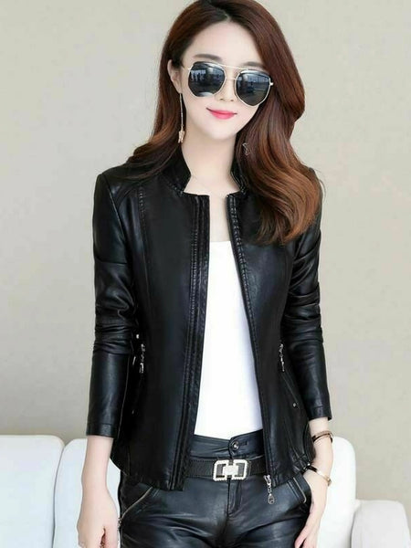 NOORA New Winter Jacket Women Leather Motorcycle Jacket Zip Jacket Short Coat S8 — standardized leather jacket hero