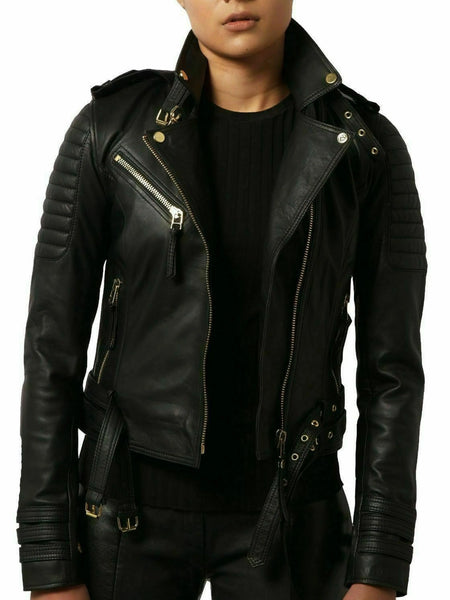 NOORA New Women Genuine Lambskin Leather Black Jacket bomber Biker Modern QD242 — standardized leather jacket hero