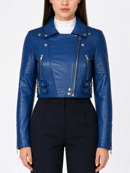 NOORA New Womens Genuine Lambskin Leather Cropped Blue Jacket  Modern Biker QD249 — standardized leather jacket hero