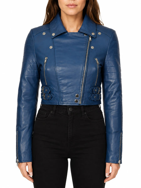 NOORA New Women Genuine Lambskin Leather Cropped Blue Jacket  Modern Biker : QD250 — standardized leather jacket hero