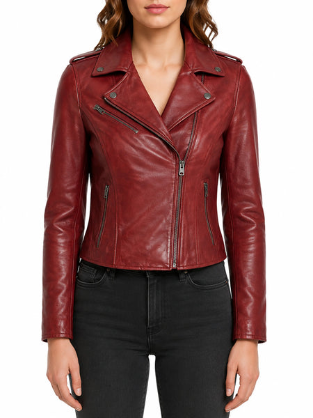 Noora Women Lambskin Red Leather Jacket Motorcycle Modern Jacket QD110 — standardized hero