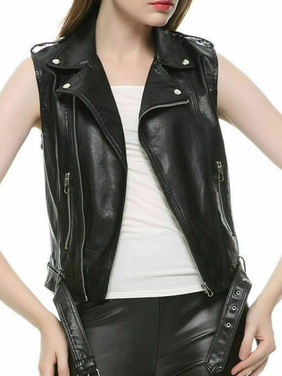 Women Real Lambskin Leather Slim fit Sleeveless Biker Jacket