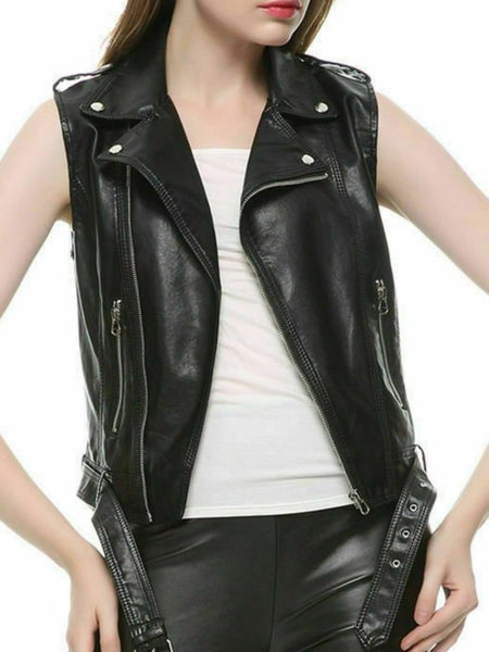 NOORA  New Women Genuine Lambskin Leather Slim fit Sleeveless Biker Jacket QD50 - standardized hero