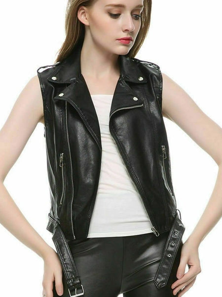 NOORA New Women Genuine Lambskin Black Leather Slim fit Sleeveless Biker Jacket QD60 — standardized leather jacket hero
