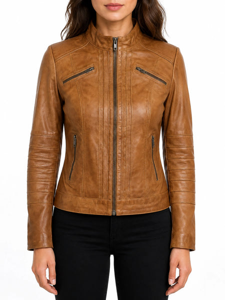 NOORA New Women Ladies Biker Brown Genuine Real Leather Jacket BS-107 — standardized studio hero