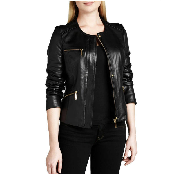 Noora New Women Lambskin Black Leather Jacket Stylish Biker Modern Leather Jacket L21 - Noora International