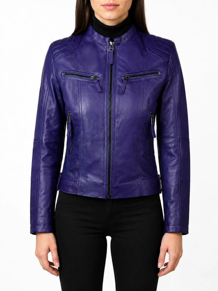 Noora New Women Lambskin Leather Purple Jacket Biker Modern Stylish Jacket With Zipper & Pockets QD466 — standardized leather jacket hero