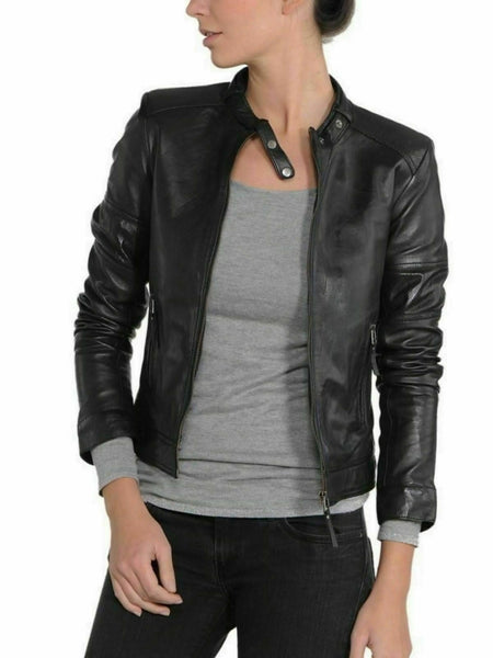 Noora New Women Lambskin Leather Designer Black Jacket Modern Biker Styles QD273 — standardized leather jacket hero