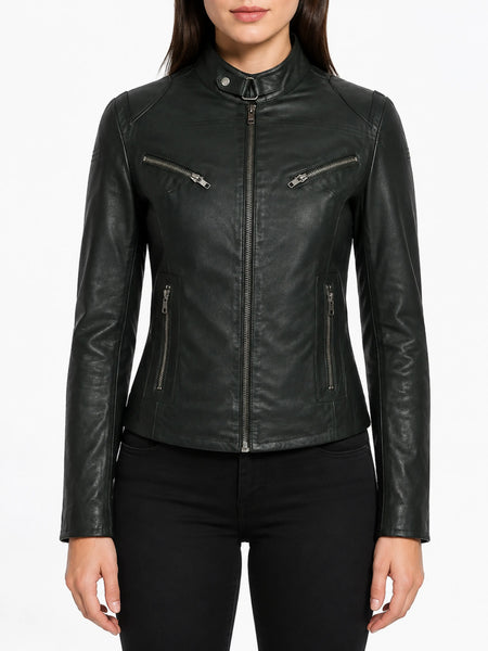Noora New Women Lambskin Dark Green Leather Racing Biker Jacket L19 — standardized studio hero