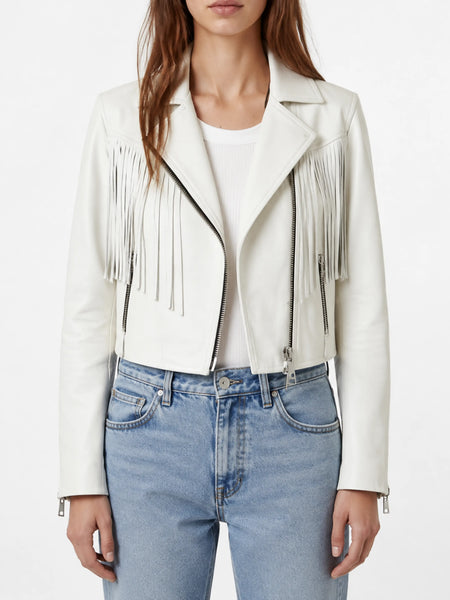 Milky WHITE Leather FRINGE Jacket with Front & Back TASSEL, Western Women Cowlady Moto Jacket - standardized hero