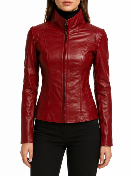 NOORA New Women Lambskin Leather Motorcycle Biker Blood Red Jacket Stylesh QD235 — standardized leather jacket hero