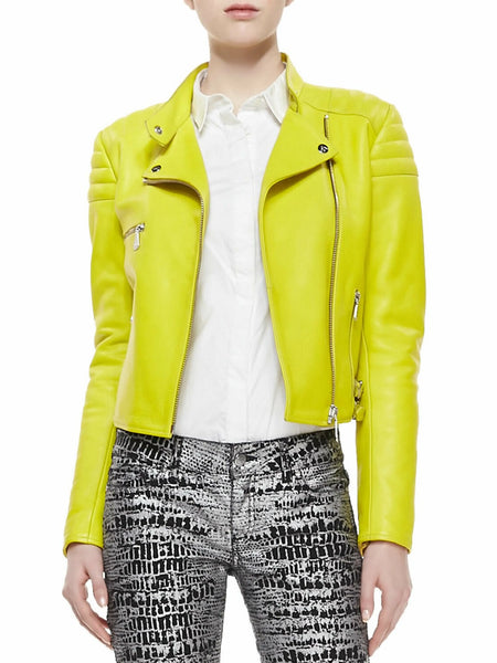 NOORA NEW WOMEN LAMBSKIN LIME LEATHER HOT JACKET MODERN BIKER STYLES JACKET QD57 — standardized leather jacket hero