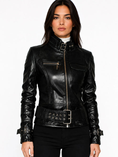 Noora New Women Real Genuine Black Leather Jacket Lambskin Biker Styles Modern QD82 — standardized leather jacket hero