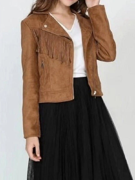 NOORA New Women's Brown Suede Leather Western Women Fringe Jacket Vintage Tassel Motor Biker Suede Jacket JS21 — standardized leather jacket hero