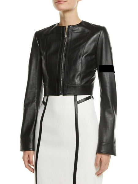 Noora New Womens Calcina Black Leather Motorcycle Cropped Shrug Jacket QD561 — standardized leather jacket hero