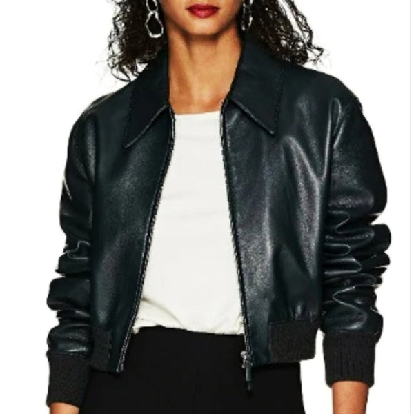 Noora New Womens Cropped Leather Jacket , Black Leather Jacket , Biker Jacket, Casual Party Wear Jacket With Zipper UN18 - Noora International