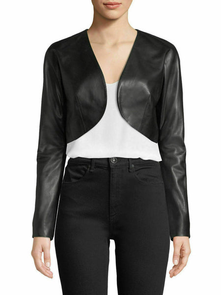 Noora New Womens Genuine Leather Jacket Shrug Cropped Jacket Black Modern QD214 — standardized leather jacket hero