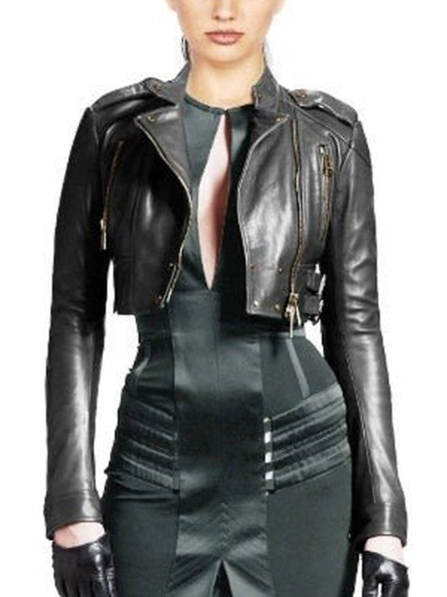 Women's Black Lambskin Leather Cropped Biker Jacket with Zipper Pockets