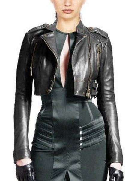 Women's Black Lambskin Leather Cropped Biker Jacket with Zipper Pockets | JS20 — standardized studio hero