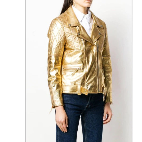 Noora New Women's GOLD Color 100% Lambskin Shiny leather Jacket With Quilted Patches, Belt & Zipped Pocket UN19 - Noora International