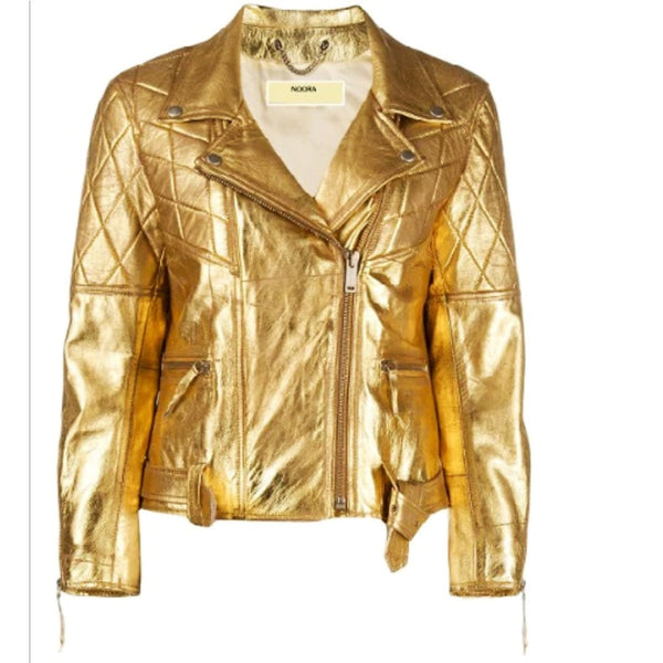 Noora New Women's GOLD Color 100% Lambskin Shiny leather Jacket With Quilted Patches, Belt & Zipped Pocket UN19 - Noora International