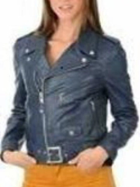 Noora Women's Blue Lambskin Leather Jacket | Biker Racer Belted Leather Jacket With Branded YKK Zipper  QD238 — standardized studio hero
