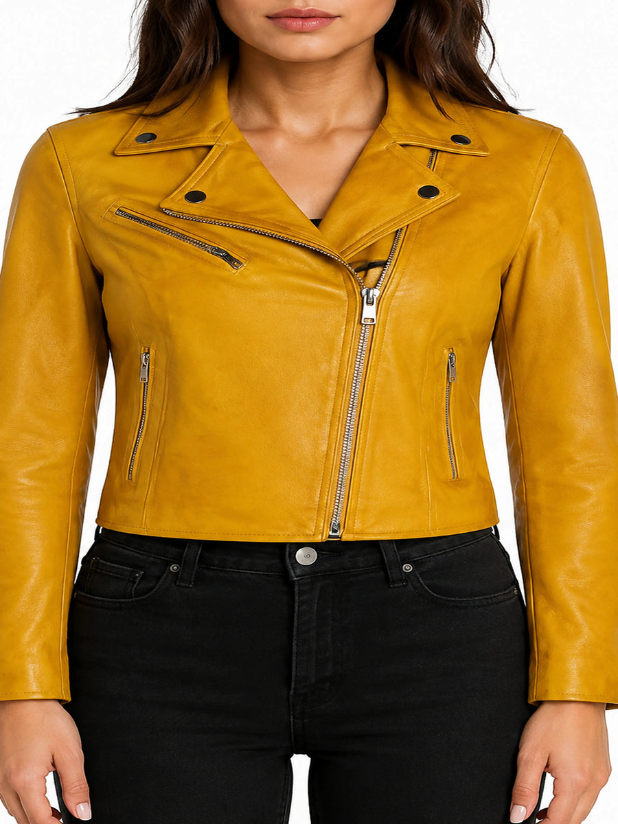 Women's Leather Biker Style Jacket, Yellow Lambskin Real Leather Jacket, Designer Made Jacket
