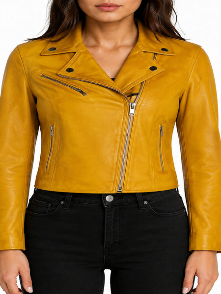 Noora Women's Leather Biker Style Jacket | Yellow Lambskin Real Leather Jacket | Designer Made Jacket — standardized studio hero