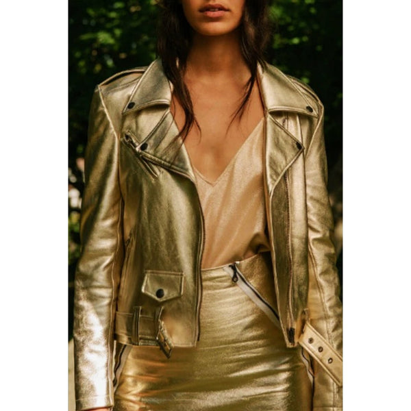 Noora New Women's METALLIC GOLD Leather Jacket, PARTY Wear Jacket, Biker Jacket, With Belted Buckle Bottom, Flap Pocket, Zipper UN20 - Noora International