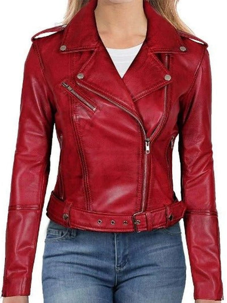 Noora Women's Lambskin Dark Red Leather Jacket | Designer Belted Slim Fit Motorcycle Biker Jacket | Winter Gift for Thanksgiving Special  | RTS21 — standardized studio hero