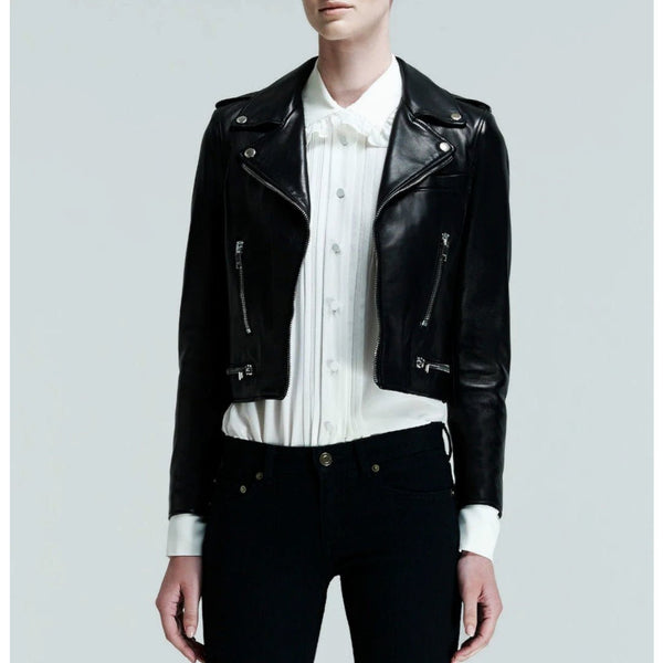 Noora Real Lambskin Black Leather Cropped Jacket | Stylish Clubbing & Partywear Leather Outwear for Womens | - Noora International
