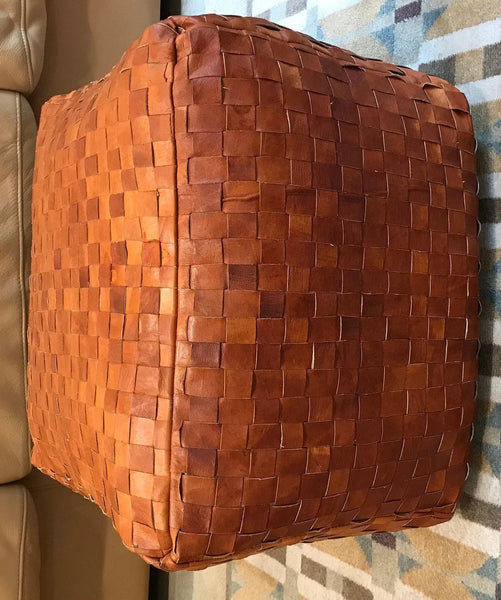 Noora Real Leather Pouf Cover, Un-stuffed MOROCCAN Square POUF, Luxury Leather Ottoman, Coffee Table, Footstool & Hassock, Square Hand Woven Leather Pouffe - TAN BROWN SNK01 - Noora International