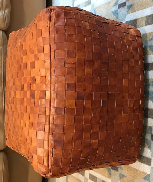 Noora Real Leather Pouf Cover, Un-stuffed MOROCCAN Square POUF, Luxury Leather Ottoman, Coffee Table, Footstool & Hassock, Square Hand Woven Leather Pouffe - TAN BROWN SNK01 - Noora International