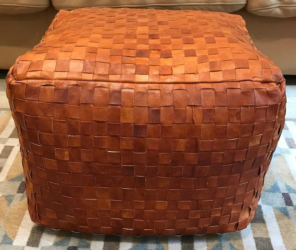Noora Real Leather Pouf Cover, Un-stuffed MOROCCAN Square POUF, Luxury Leather Ottoman, Coffee Table, Footstool & Hassock, Square Hand Woven Leather Pouffe - TAN BROWN SNK01 - Noora International